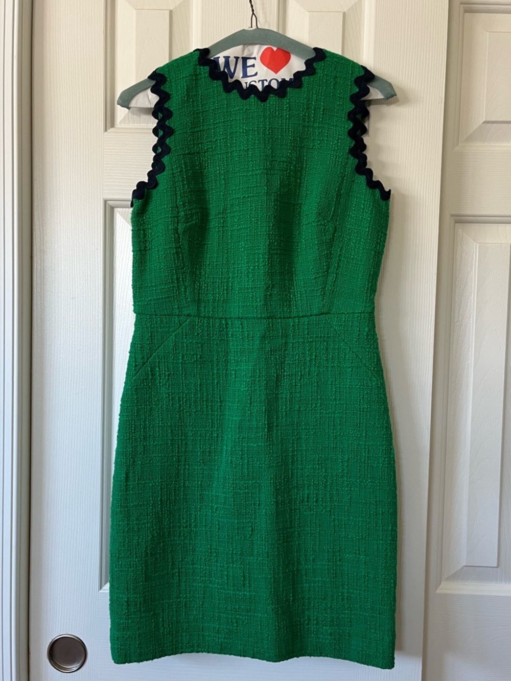 J. Crew size 2P green textured tweed sheets dress with navy blue scalloped trim - Picture 2 of 13